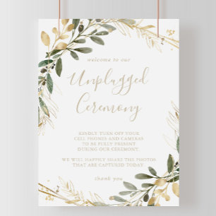 Geometric Gold Greenery Unplugged Ceremony Sign