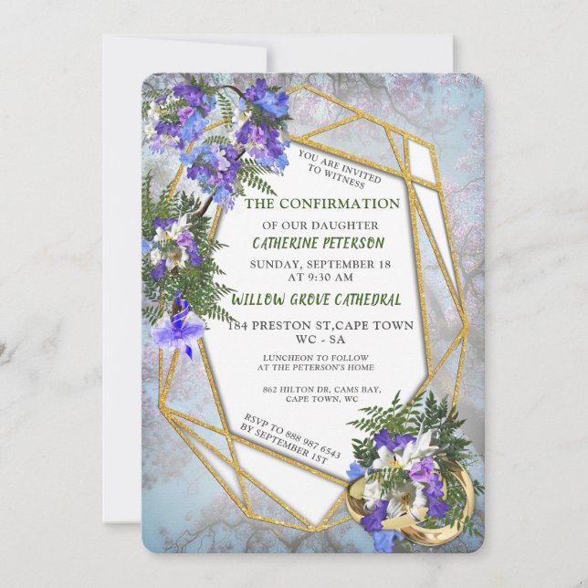 Geometric Gold & Jacaranda Flowers Confirmation Invitation (Front)