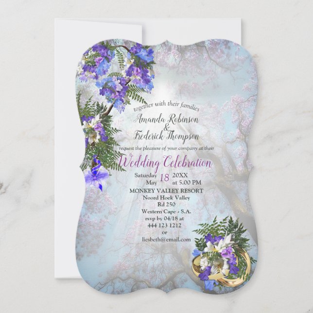 Geometric Gold & Jacaranda Flowers Wedding Invitation (Front)