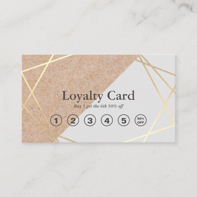 Geometric Gold Kraft Printed Pastel Grey Loyalty Business Card (Front)