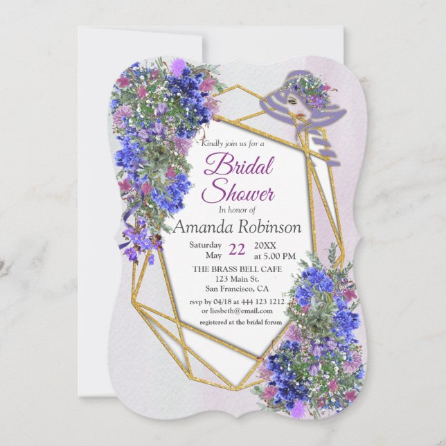 Geometric Gold & Lavender Flowers Bridal Shower Invitation (Front)