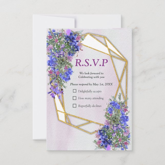 Geometric Gold & Lavender Flowers RSVP Card (Front)
