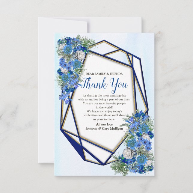 Geometric Gold-Navy & blue flower Thank You RSVP Card (Front)