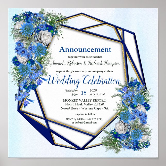 Geometric Gold-Navy & Blue Flower Wedding Poster (Front)