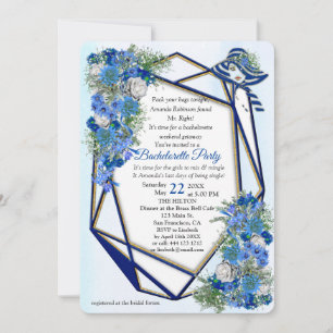 Geometric Gold-Navy - Blue Flowers Bachelorette Invitation