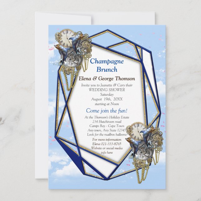 Geometric Gold-Navy Blue Flowers Couple Shower Inv Invitation (Front)
