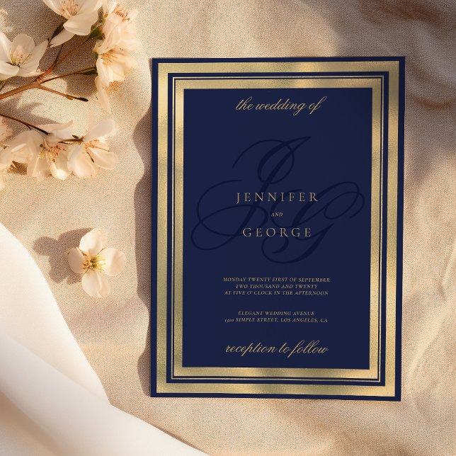 Geometric gold navy blue monogram initals wedding invitation (Geometric gold navy blue monogram initals wedding)