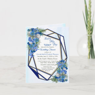 Geometric Gold-Navy frames & blue Flowers Couple Invitation