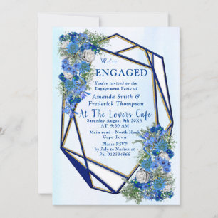 Geometric Gold-Navy  frames & Blue Flowers Invitation