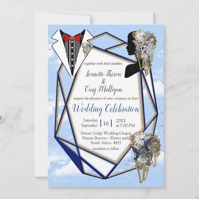 Geometric Gold-Navy Frames & Corn Flowers Invitati Invitation (Front)