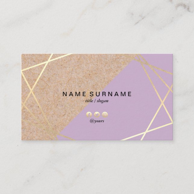 Geometric Gold Pattern Kraft Printed Pastel Purple Business Card (Front)