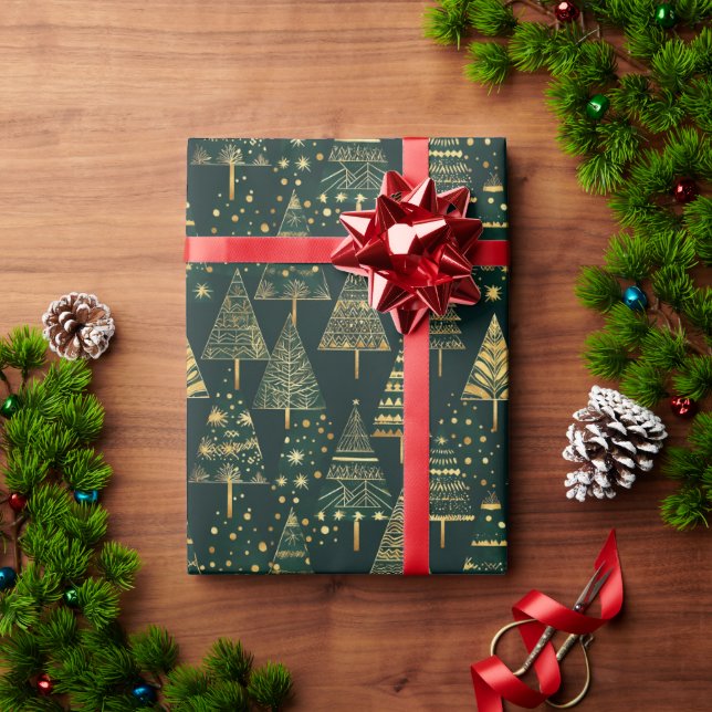 Geometric Gold Pine Trees Green Christmas  Wrapping Paper (Holiday Gift)