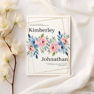 Geometric gold pink navy blue mint flowers Wedding Invitation