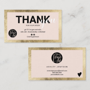 Geometric gold pink script logo order thank you business card