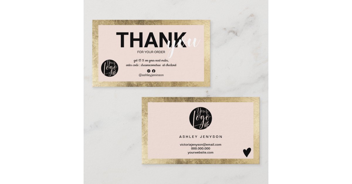 Geometric gold pink script logo order thank you business card | Zazzle