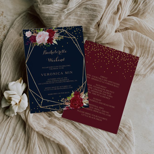 Geometric Gold & Red Tropical Bachelorette Weekend Invitation (Creator Uploaded)