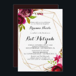 Geometric Gold Rustic Blush Burgundy Bat Mitzvah Invitation<br><div class="desc">This geometric gold rustic blush burgundy bat mitzvah invitation is perfect for a simple bat mitzvah. The design features pink,  blush,  red,  burgundy and bordo watercolor flowers with green foliage,  adorning a gold geometric frame.</div>