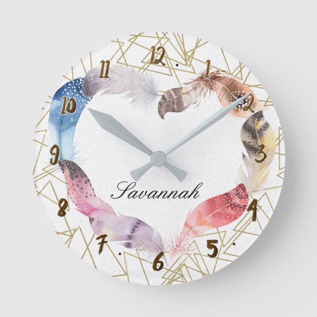 Geometric Gold Shape & Boho Feather Heart Custom Round Clock (Front)