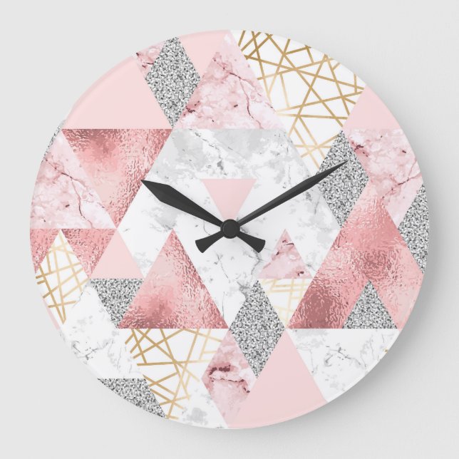 Geometric gold silver triangles, marble pattern. large clock (Front)