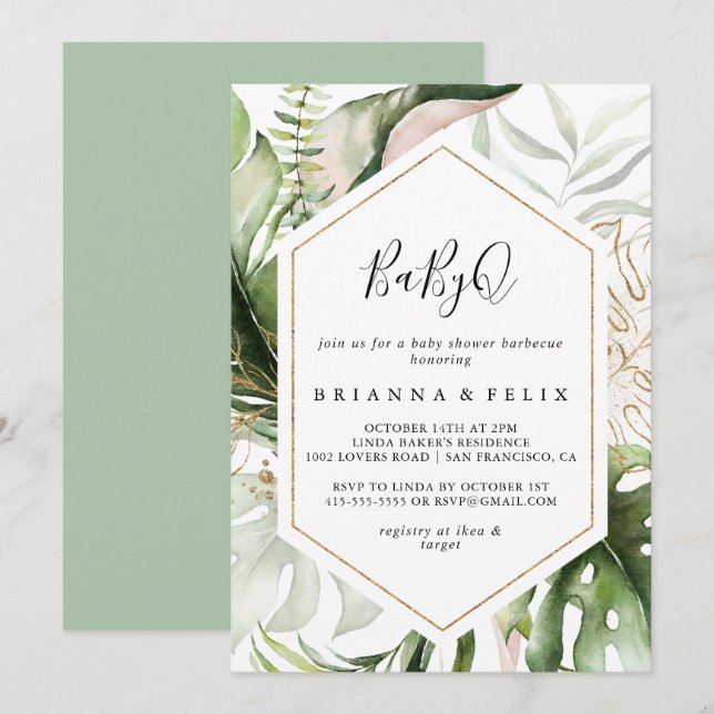 Geometric Gold Tropical BabyQ Baby Shower Barbecue Invitation (Front/Back)
