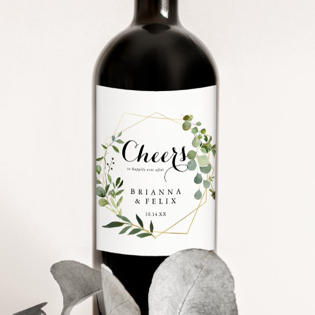 Geometric Gold Tropical Cheers Wedding Wine Labels (Creator Uploaded)