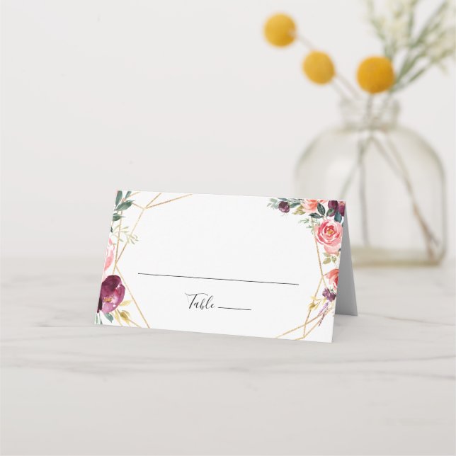 Geometric Gold Tropical Colourful Floral Wedding Place Card (Front)