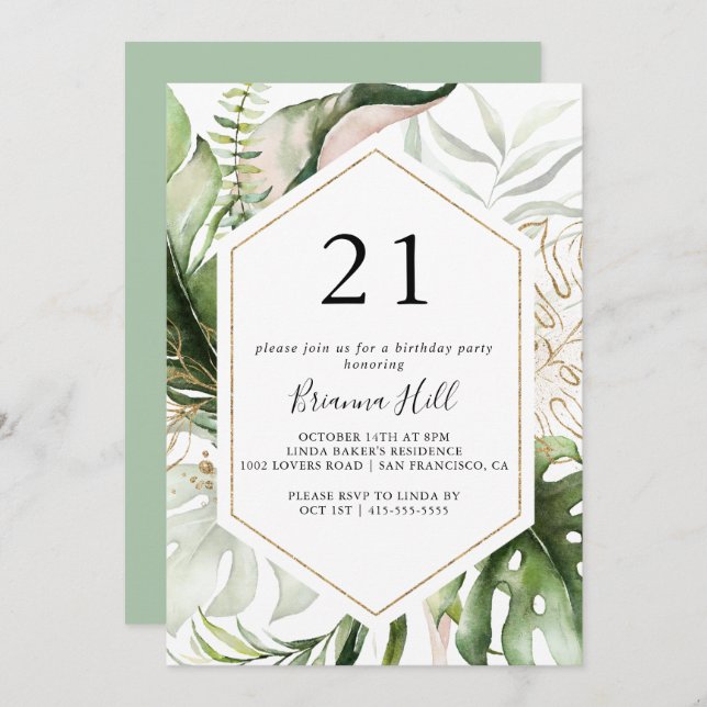 Geometric Gold Tropical Green 21st Birthday Party Invitation (Front/Back)