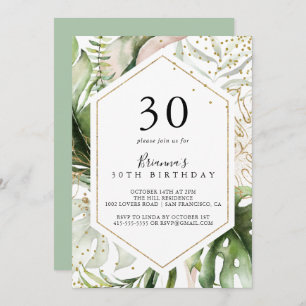 Geometric Gold Tropical Green 30th Birthday Party Invitation