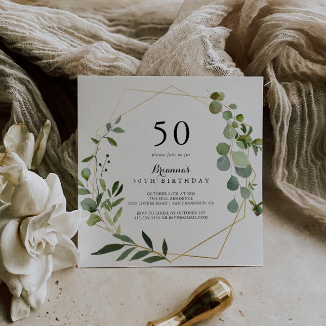 Geometric Gold Tropical Green 50th Birthday Party Invitation (Creator Uploaded)