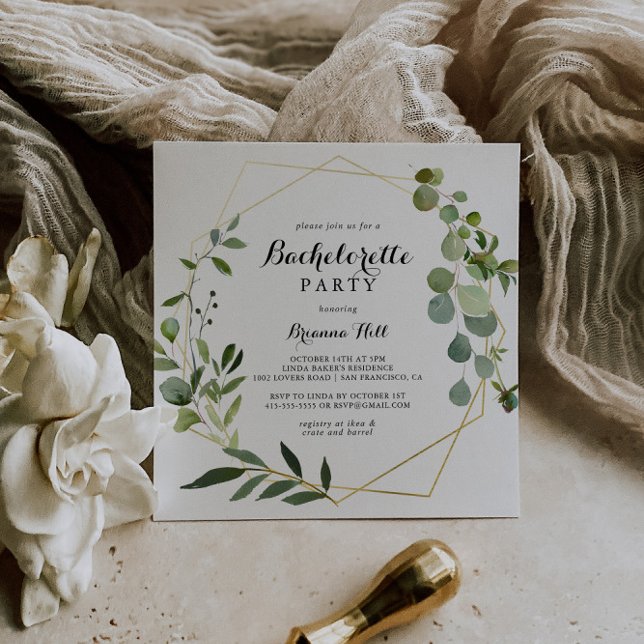 Geometric Gold Tropical Green Bachelorette Party Invitation (Creator Uploaded)