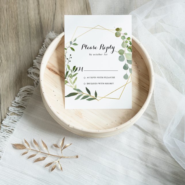 Geometric Gold Tropical Green Calligraphy RSVP Card (Creator Uploaded)