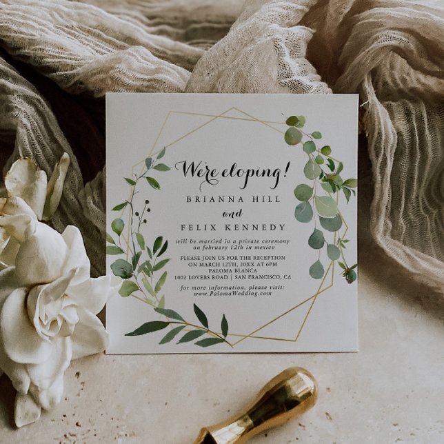 Geometric Gold Tropical Green Elopement Reception Invitation (Creator Uploaded)