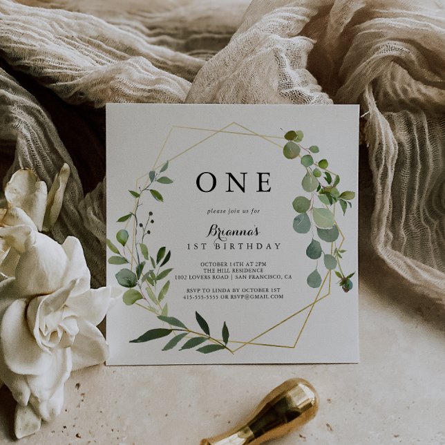Geometric Gold Tropical Green First Birthday Party Invitation (Creator Uploaded)
