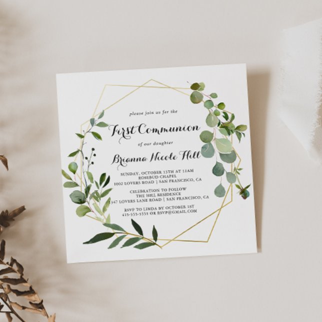 Geometric Gold Tropical Green First Communion Invitation (Creator Uploaded)