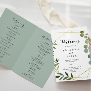 Geometric Gold Tropical Green Folded Wedding Program