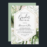 Geometric Gold Tropical Green Gender Reveal Party Invitation<br><div class="desc">This geometric gold tropical green gender reveal party invitation is perfect for a modern baby gender reveal. The design features hand-painted watercolor gold and green palm and banana leaves with pink flowers bunched into bouquets,  adorning a geometric frame.</div>
