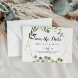 Geometric Gold Tropical Green Horizontal Wedding Save The Date<br><div class="desc">This geometric gold tropical green horizontal wedding save the date is perfect for a modern wedding. The design features hand-painted beautiful green leaves,  adorning a gold geometric frame.</div>