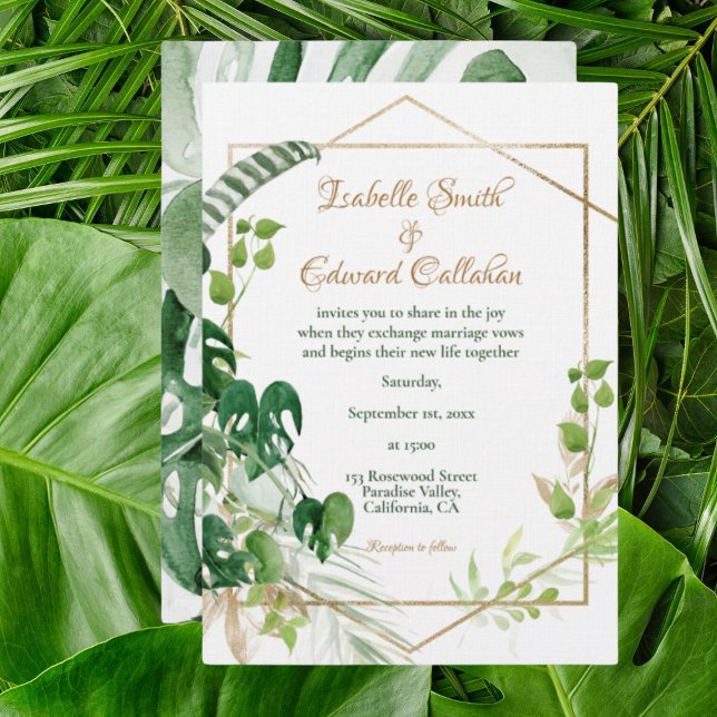 Geometric Gold Tropical Green Monstera Leaves Invitation (Creator Uploaded)