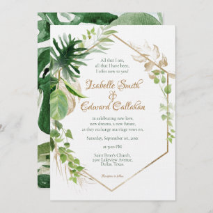 Geometric Gold Tropical Green Palm Leaves Wedding Invitation