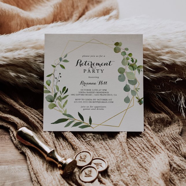 Geometric Gold Tropical Green Retirement Party Invitation (Creator Uploaded)