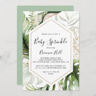 Geometric Gold Tropical Greenery Baby Sprinkle Invitation