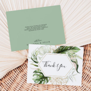 Geometric Gold Tropical Greenery Flat Wedding Thank You Card