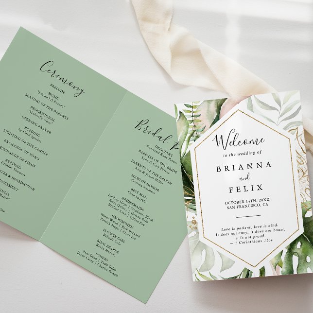 Geometric Gold Tropical Greenery Folded Wedding Program (Creator Uploaded)