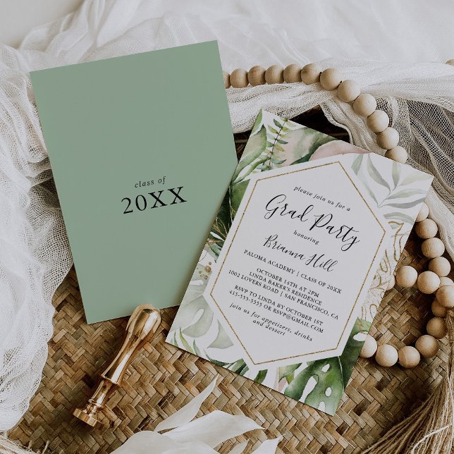 Geometric Gold Tropical Greenery Grad Party Invitation (Creator Uploaded)