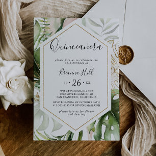 Geometric Gold Tropical Greenery Quinceañera Invitation