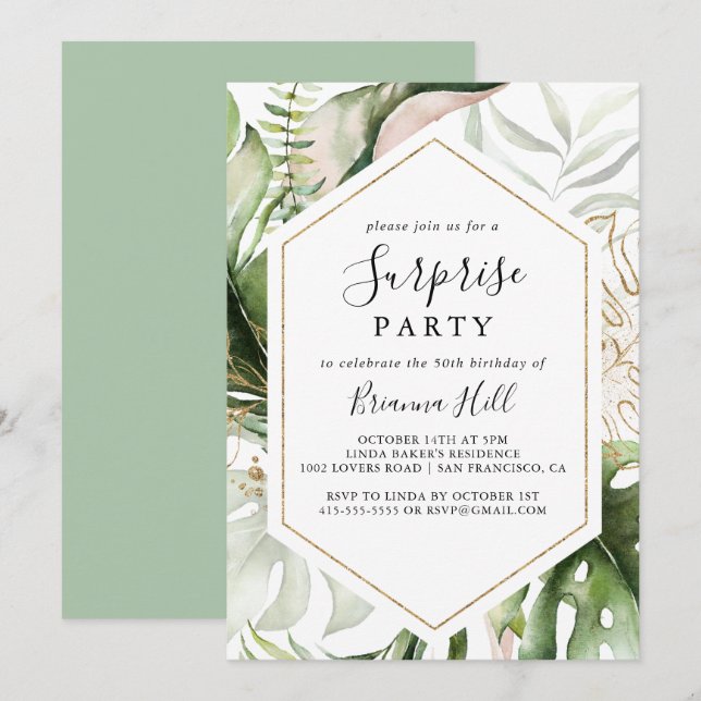 Geometric Gold Tropical Greenery Surprise Party Invitation (Front/Back)