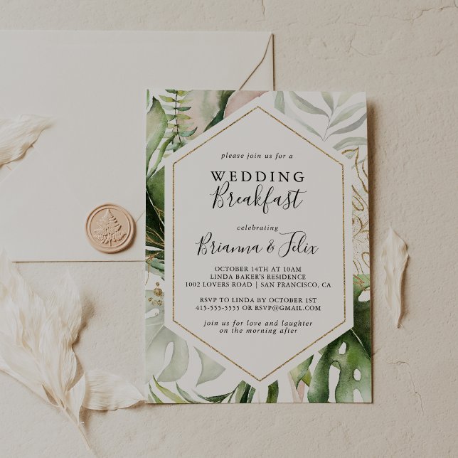 Geometric Gold Tropical Greenery Wedding Breakfast Invitation (Creator Uploaded)
