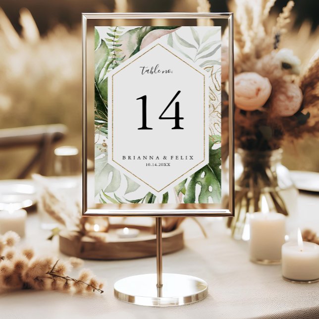 Geometric Gold Tropical Greenery Wedding Table Number (Creator Uploaded)