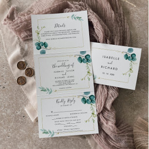 Geometric Gold Tropical Greenery Wedding Tri-Fold Invitation