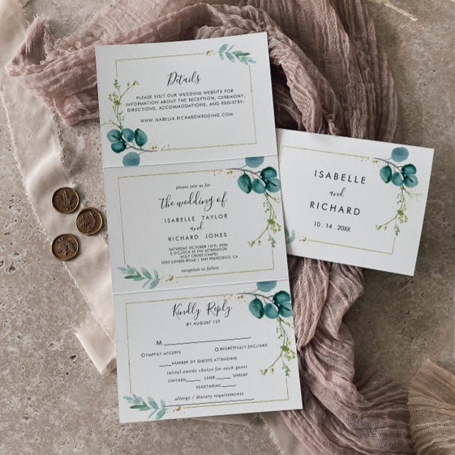 Geometric Gold Tropical Greenery Wedding Tri-Fold Invitation (Creator Uploaded)